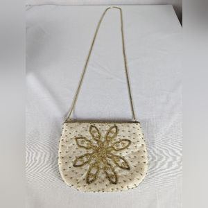 La Regale Ivory Gold Beaded Purse Evening Shoulder Bag Snowflake Flower Vintage